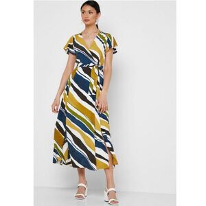 Mango Sz. 4 Striped Belted Wrap Midi Dress Retro